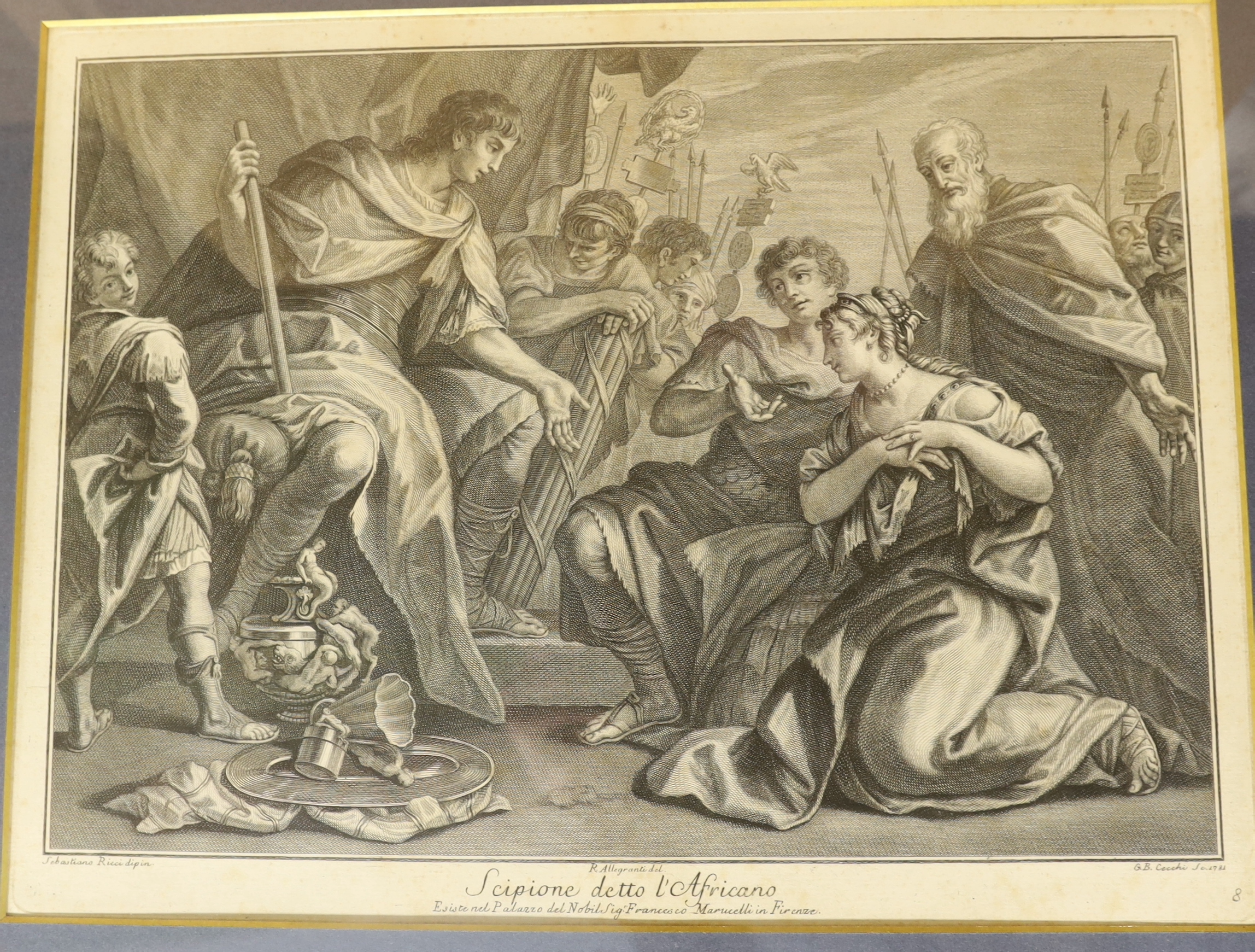 After Benedetto Eredi (Italian, 1750-1812), set of six 18th century engravings, including 'David and Abigail' and 'Sciron and Achilles', each 33 x 42cm